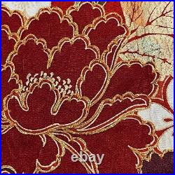Japanese Silk Kimono Furisode Gold Foil Thread Silver Red Flower Pine Plum 64