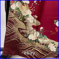 Japanese Silk Kimono Furisode Gold Foil Thread Silver Red Purple Flower 65
