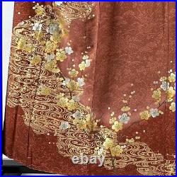 Japanese Silk Kimono Houmongi Gold Silver Branch Running Water Red Brown 62