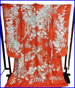 Japanese Silk Kimono Uchikake Vintage Gorgeous Red Silver Phoenix embroideryu30