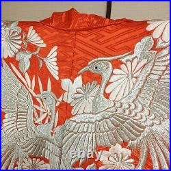 Japanese Silk Kimono Uchikake Vintage Gorgeous Red Silver Phoenix embroideryu30