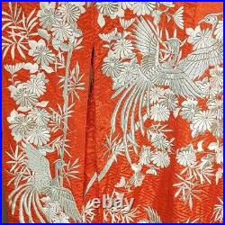 Japanese Silk Kimono Uchikake Vintage Gorgeous Red Silver Phoenix embroideryu30