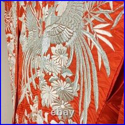 Japanese Silk Kimono Uchikake Vintage Gorgeous Red Silver Phoenix embroideryu30