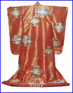 Japanese Silk Kimono Uchikake Vintage Gorgeous wedding Crane Gold Red (u42)