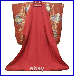 Japanese Silk Kimono Uchikake Vintage Gorgeous wedding Crane Gold Red (u42)