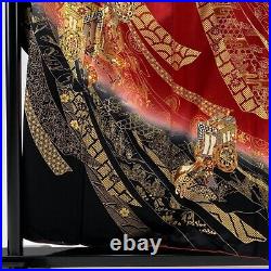 Japanese Silk Kimono Vintage Furisode Gold Black Car Ribbon Flowers Red 62
