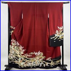 Japanese Silk Kimono Vintage Furisode Gold Black Grass Flower Bamboo Red 63 EX