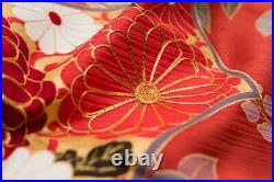 Japanese Silk Kimono Vintage Furisode Gold Brown Fan Flower Grass Red White 64