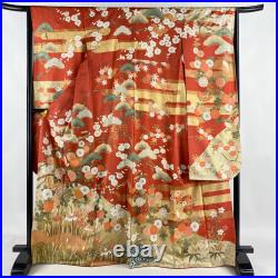 Japanese Silk Kimono Vintage Furisode Gold Butterfly Chrysanthemum Dye Red 66