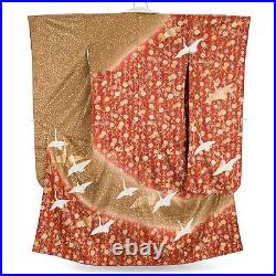 Japanese Silk Kimono Vintage Furisode Gold Crane Drooping Cherry Blossom Red 61