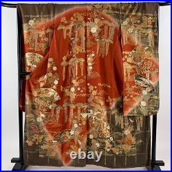 Japanese Silk Kimono Vintage Furisode Gold Fan Car Butterfly Wave Flower Red 63