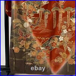 Japanese Silk Kimono Vintage Furisode Gold Fan Car Butterfly Wave Flower Red 63