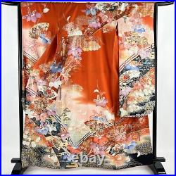 Japanese Silk Kimono Vintage Furisode Gold Fan Flower Silver Thread Red 64