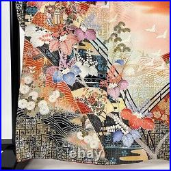Japanese Silk Kimono Vintage Furisode Gold Fan Flower Silver Thread Red 64