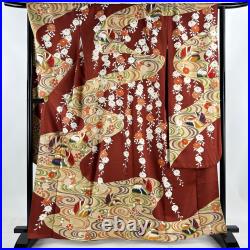 Japanese Silk Kimono Vintage Furisode Gold Gorgeous Red Brown Birds Water 64in