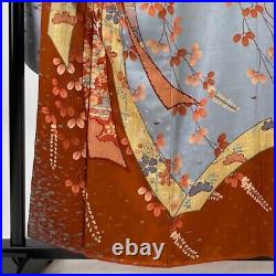 Japanese Silk Kimono Vintage Furisode Gold Gorgeous Red Brown Embroidery 62in