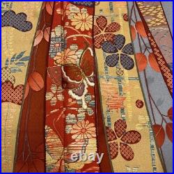 Japanese Silk Kimono Vintage Furisode Gold Gorgeous Red Brown Embroidery 62in
