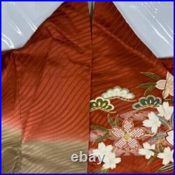 Japanese Silk Kimono Vintage Furisode Gold Gorgeous Red Brown Sakura Flower 68in