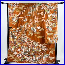 Japanese Silk Kimono Vintage Furisode Gold Gorgeous Red Brown Thread Flower 65in