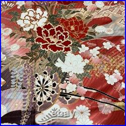 Japanese Silk Kimono Vintage Furisode Gold Gorgeous Red Butterfly Thread 63in