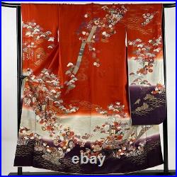 Japanese Silk Kimono Vintage Furisode Gold Gorgeous Red Chrysanthemum Plant 61in