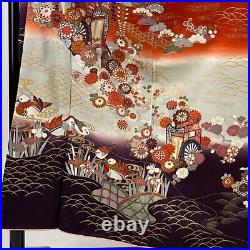 Japanese Silk Kimono Vintage Furisode Gold Gorgeous Red Chrysanthemum Plant 61in