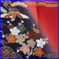 Japanese Silk Kimono Vintage Furisode Gold Gorgeous Red Crane Birds Tree 62in