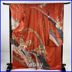 Japanese Silk Kimono Vintage Furisode Gold Gorgeous Red Decorative ball 62in