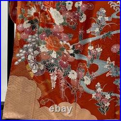 Japanese Silk Kimono Vintage Furisode Gold Gorgeous Red Embroidery Flower 64in