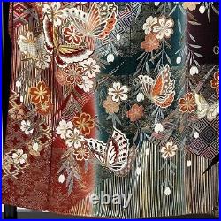 Japanese Silk Kimono Vintage Furisode Gold Gorgeous Red Sakura Butterfly 61in