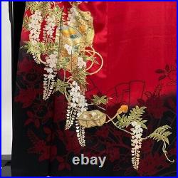 Japanese Silk Kimono Vintage Furisode Gold Gorgeous Red Shell Flower Plant 64in