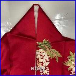 Japanese Silk Kimono Vintage Furisode Gold Gorgeous Red Shell Flower Plant 64in