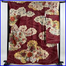 Japanese Silk Kimono Vintage Furisode Gold Grass Flowers Cloud Design Red 63