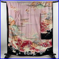 Japanese Silk Kimono Vintage Furisode Gold Pink Pine Red Black Fan Flower 63