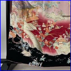 Japanese Silk Kimono Vintage Furisode Gold Pink Pine Red Black Fan Flower 63