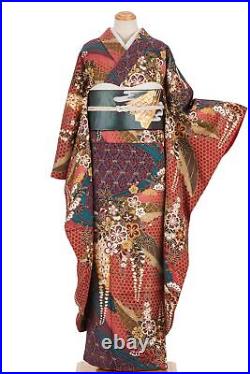 Japanese Silk Kimono Vintage Furisode Gold Plum Cherry Trees Flowers Red 64
