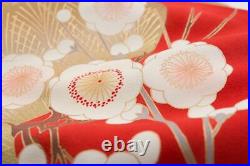 Japanese Silk Kimono Vintage Furisode Gold Red Bamboo Plum Wave White Green 59