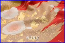 Japanese Silk Kimono Vintage Furisode Gold Red Bamboo Plum Wave White Green 59