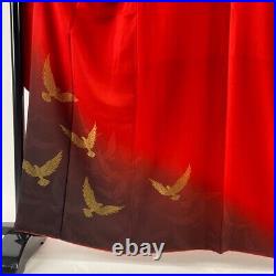 Japanese Silk Kimono Vintage Furisode Gold Red Bird Black Simple Excellent 63