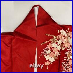 Japanese Silk Kimono Vintage Furisode Gold Red Black Car Wave Flower Grass 64