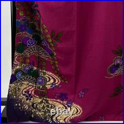 Japanese Silk Kimono Vintage Furisode Gold Red Blue Kasamatsu Wave Purple 66