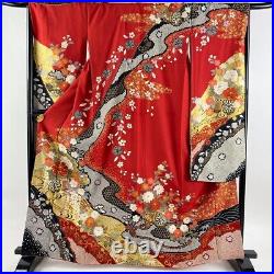 Japanese Silk Kimono Vintage Furisode Gold Red Car Flower Grass Wave Black 65