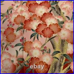 Japanese Silk Kimono Vintage Furisode Gold Red Cherry Blossom Branch Purple 62