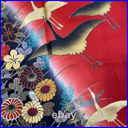 Japanese Silk Kimono Vintage Furisode Gold Red Crane Chrysanthemum Silver 62