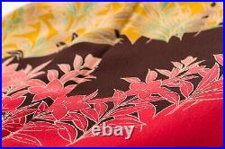 Japanese Silk Kimono Vintage Furisode Gold Red Flower Grass Butterfly Brown 63