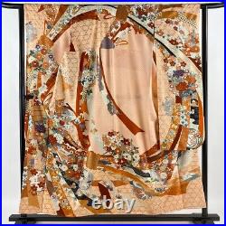 Japanese Silk Kimono Vintage Furisode Gold Red Flower Grass Peony Pink 60 EX