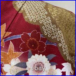 Japanese Silk Kimono Vintage Furisode Gold Red Flower Grass Pink Wave Yellow 68