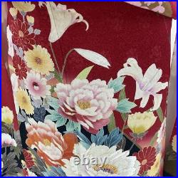 Japanese Silk Kimono Vintage Furisode Gold Red Flower Grass Pink Wave Yellow 68