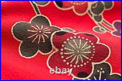 Japanese Silk Kimono Vintage Furisode Gold Red Flower Grass Wave Black Cream 62