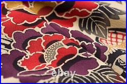 Japanese Silk Kimono Vintage Furisode Gold Red Flower Grass Wave Black Cream 62